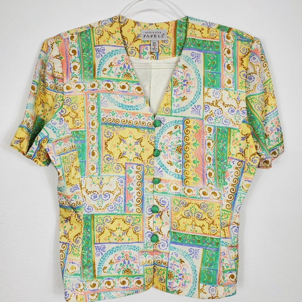 ADRIANNA PAPELL SHORT SLEEVE SILK BUTTON FRONT TOP